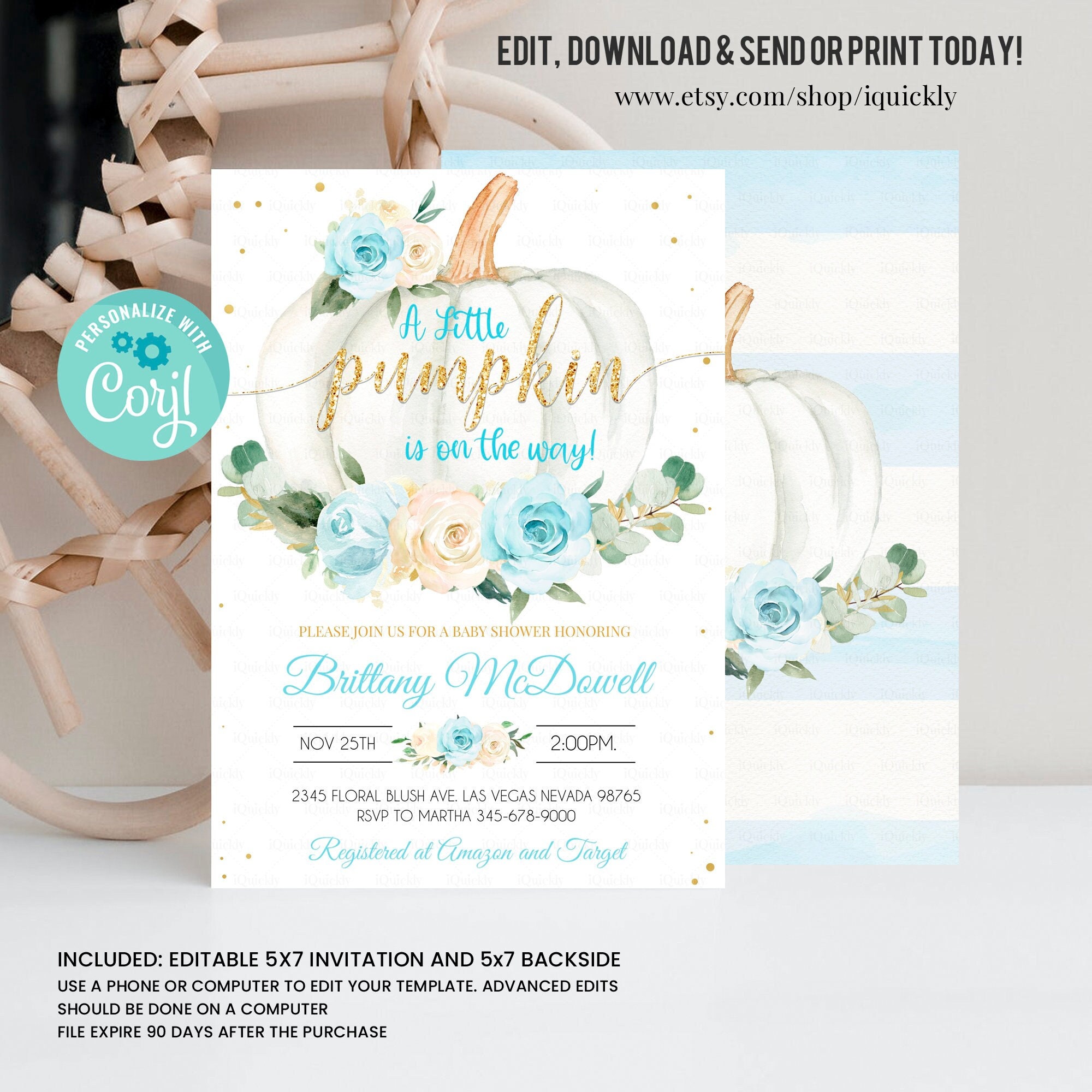 EDITABLE Pumpkin Baby Shower Invitation Floral blue and gold Boy little Pumpkin Baby Shower Invites Fall Autumn Instant