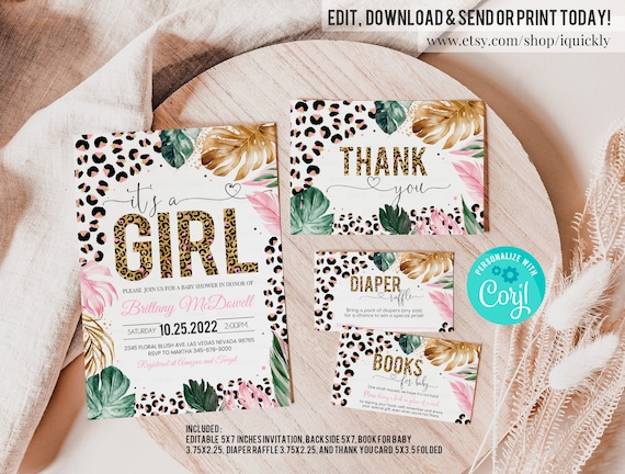 EDITABLE Leopard print Baby Shower Invitations Set it's a girl Baby