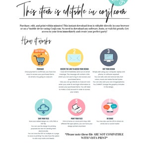May include: Editable digital template for a party or event. The template is designed to be used with the Corjl.com website. The image shows a step-by-step guide on how to purchase, edit, and print the template. The text "This item is editable in Corjl.com" is displayed in a colorful font.