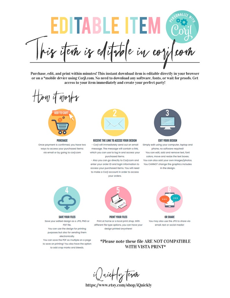 May include: Editable digital template for a party or event. The template is designed to be used with the Corjl.com website. The image shows a step-by-step guide on how to purchase, edit, and print the template. The text "This item is editable in Corjl.com" is displayed in a colorful font.