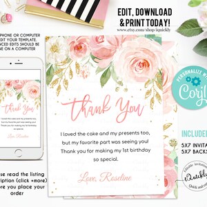 May include: Pink and gold floral thank you card with the text "Thank You" in pink script. The card includes the message "I loved the cake and my presents too, but my favorite part was seeing you! Thank you for making my 1st birthday so special. Love, Roseline".