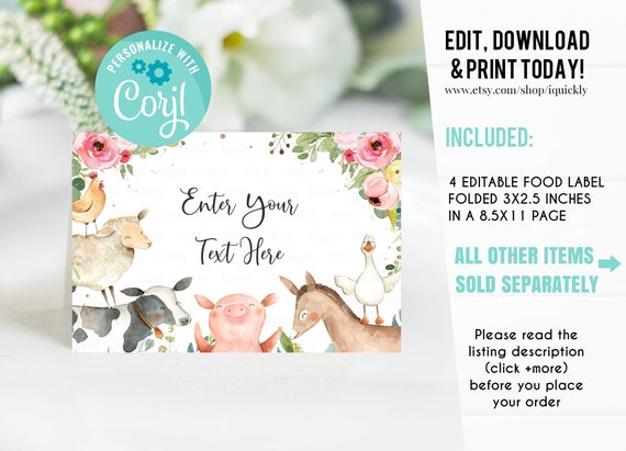 EDITABLE Farm Food tags, Buffet label Baby Shower, Tent card Food Labels, Place Cards, Table Card Printable Template, Girl Instant download Il_570xn