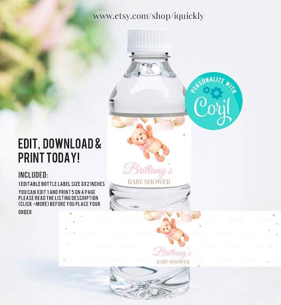 EDITABLE Teddy bear baby shower Water bottle label, Girl Baby Shower Bottle Label Decorations Bear Themed Instant Digital download Printable Il_570xn