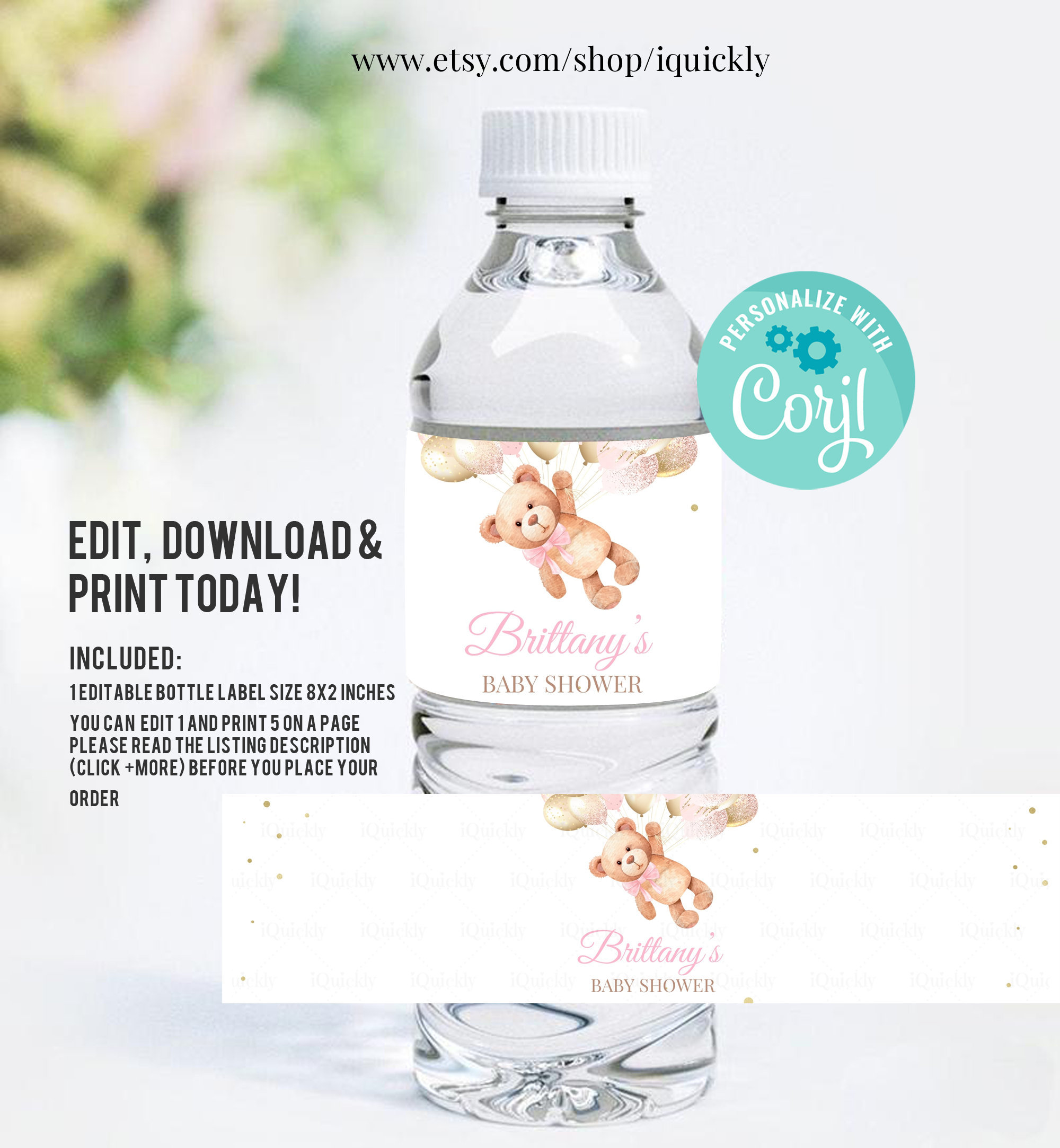 EDITABLE Teddy Bear Baby Shower Water Bottle Label Girl Baby ...