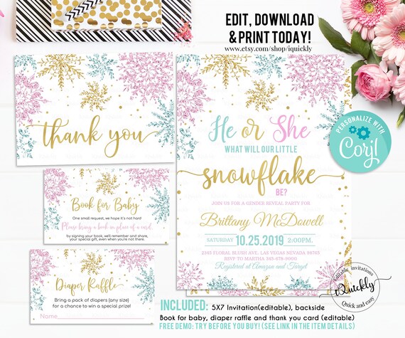 Editable Snowflake Baby Shower Invitation Set Gender Reveal Etsy