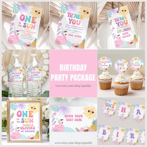 Könnte beinhalten: Eine Sammlung von Partyzubehör mit tropischem Thema. Enthält Einladungen, Dankeskarten, Wasserflaschenetiketten, Cupcake-Topper, ein gerahmtes Schild und ein Banner. Die Designs zeigen einen Flamingo, eine Ananas und eine Sonne mit dem Text "One in the Sun".