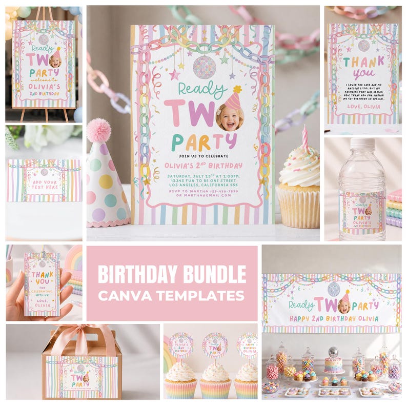 May include: A digital birthday party template bundle featuring pastel striped borders, disco ball graphics, and chain motifs. The designs include invitations, thank you cards, water bottle labels, and banners with the text Ready Two Party.