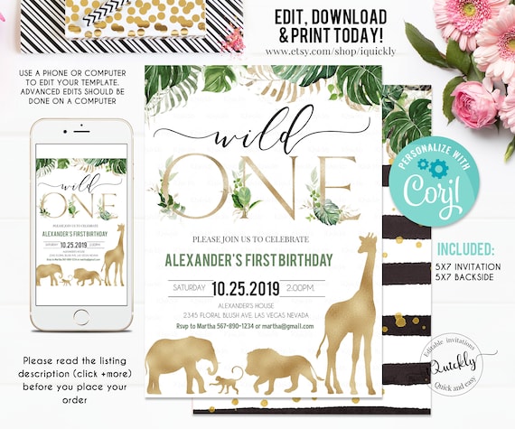 Safari Gold Birthday invitation, EDITABLE Jungle wild one Invitations, Boy 1st Birthday Invites Instant download Printable template Il_570xn