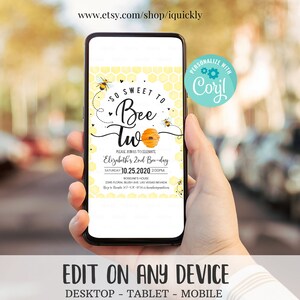 May include: A digital invitation for a second birthday party with a bee theme. The invitation features a honeycomb pattern, bees, and a beehive. The text reads "So Sweet to Bee Two" and includes the child's name, date, time, and location.