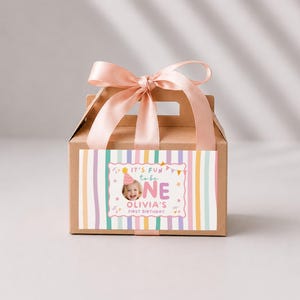 Pu&ograve; includere: Una scatola di cartone marrone con manico, legata con un nastro di raso rosa chiaro. La parte anteriore presenta un'etichetta con strisce verticali color pastello e una grafica centrale con la foto di un bambino, il testo "IT'S FUN to be ONE" e "OLIVIA'S FIRST BIRTHDAY".
