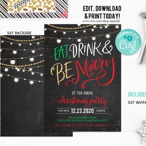 K&ouml;nnte beinhalten: Eine schwarze Einladung zur Weihnachtsfeier im Tafelstil mit dem Text "Eat, Drink & Be Merry" in Gr&uuml;n, Goldglitter und Rot. Enth&auml;lt Veranstaltungsdetails und eine Lichterkette. Die Einladung ist 12,7 x 17,8 cm gro&szlig;.