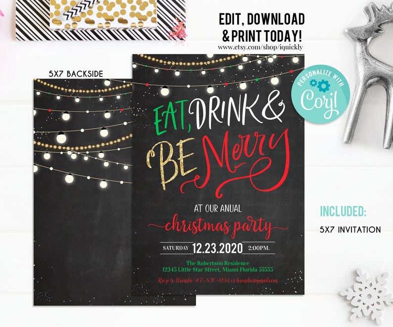 K&ouml;nnte beinhalten: Eine schwarze Einladung zur Weihnachtsfeier im Tafelstil mit dem Text "Eat, Drink & Be Merry" in Gr&uuml;n, Goldglitter und Rot. Enth&auml;lt Veranstaltungsdetails und eine Lichterkette. Die Einladung ist 12,7 x 17,8 cm gro&szlig;.