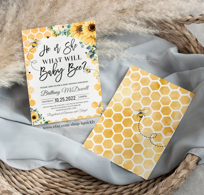 Editable Bee Gender Reveal Invitation What Will Baby Bee Invitations ...
