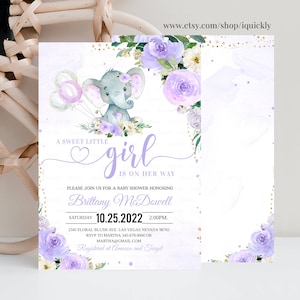 EDITABLE Purple Elephant Baby Shower Invitation Girl Baby Shower Elephant Invite Printable Template Instant Download