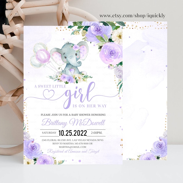 EDITABLE Purple Elephant Baby Shower Invitation Girl Baby Shower Elephant Invite Printable Template Instant Download