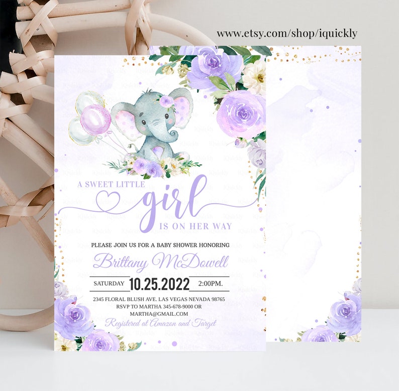 EDITABLE Purple Elephant Baby Shower Invitation Girl Baby Etsy