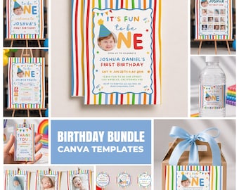 Fun to be One Birthday decorations Bundle Editable Set Photo Boy's First Party Package Canva Template