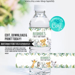 May include: Water bottle label with a jungle animal theme. The label is green and white with a giraffe, elephant, lion, and rhino. The text on the label says "Alexander's First Birthday".