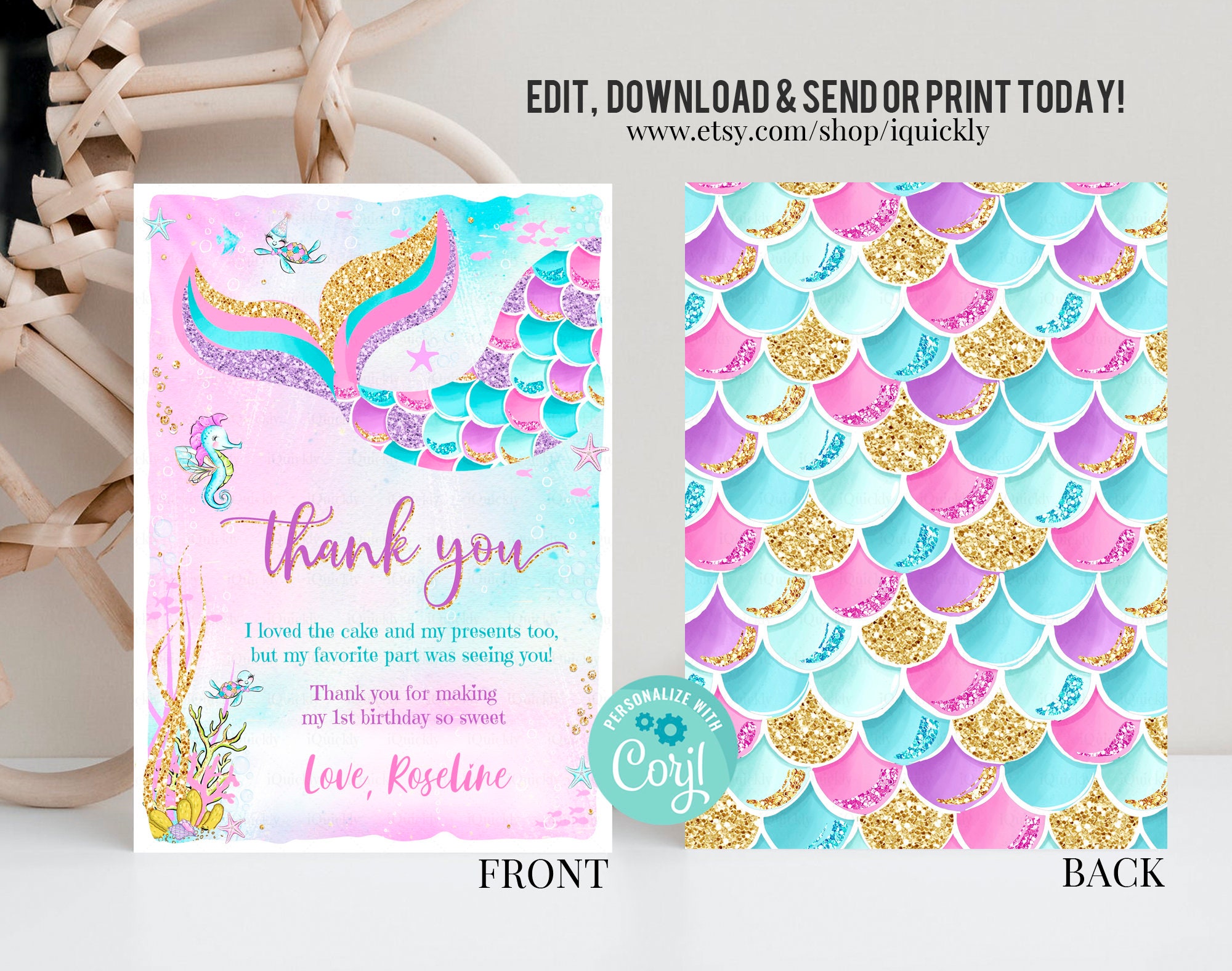 Editable Mermaid Birthday Thank You Card Mermaid Thank You | Etsy