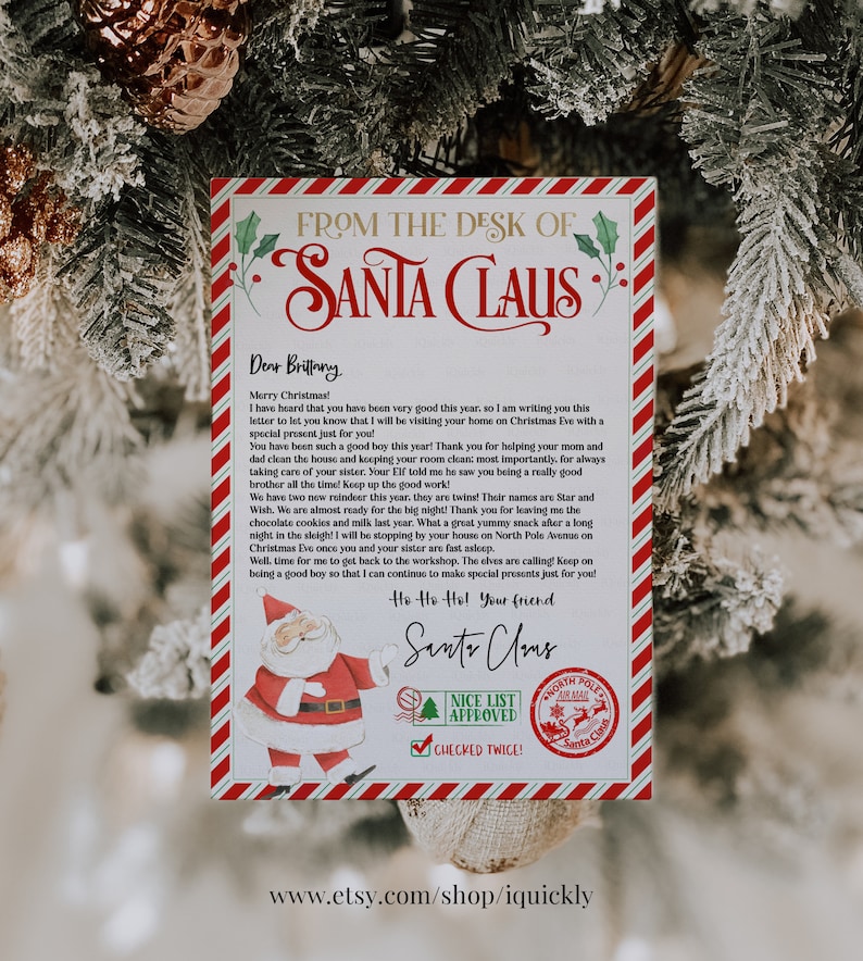 May include: A Christmas-themed letter from Santa Claus, featuring a red and white border with holly accents. The letter is addressed to Brittany and includes a Santa Claus illustration, a "Nice List Approved" stamp, and the text "Ho Ho Ho! Your friend, Santa Claus."