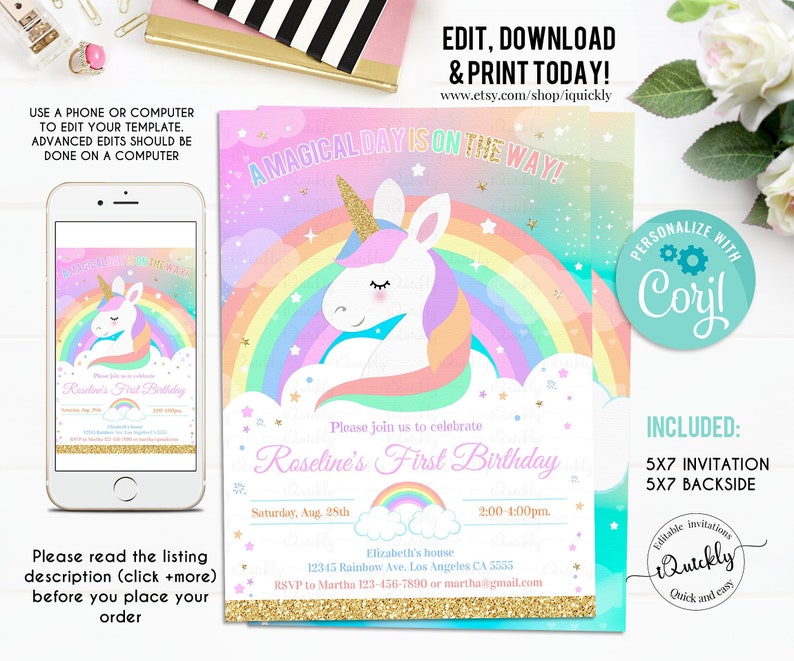 EDITABLE Rainbow Unicorn Birthday Invitation, Unicorn party, Magical Unicorn, Unicorn invite Unicorn and Rainbow download Template Digital 3 image 1
