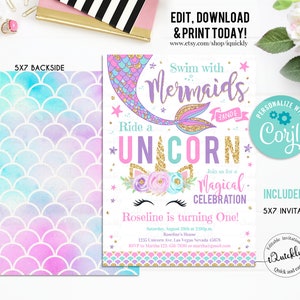 May include: A 5x7 inch invitation for a mermaid and unicorn themed birthday party. The invitation features a mermaid with a gold glitter tail and a unicorn with a floral crown. The text on the invitation reads "Swim with Mermaids and Ride a Unicorn. Join us for a Magical Celebration. Roseline is turning One!"