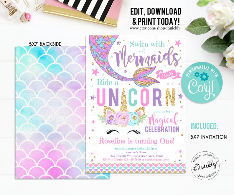 May include: A 5x7 inch invitation for a mermaid and unicorn themed birthday party. The invitation features a mermaid with a gold glitter tail and a unicorn with a floral crown. The text on the invitation reads "Swim with Mermaids and Ride a Unicorn. Join us for a Magical Celebration. Roseline is turning One!"