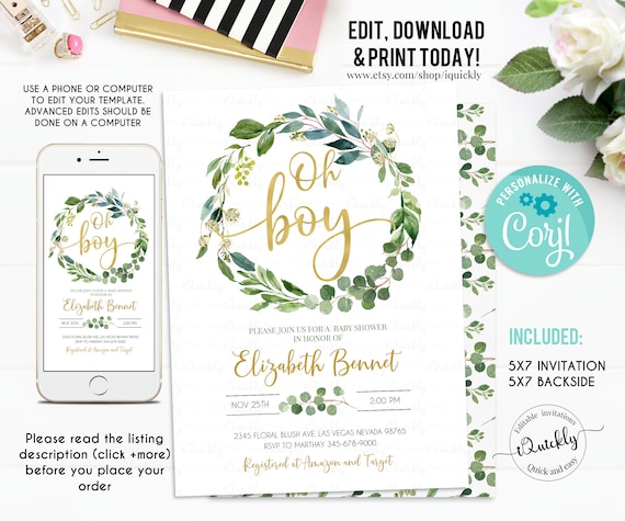 Green and Gold Baby shower Invitation EDITABLE Greenery Gender Neutral Eucalyptus Invitations Oh boy Wreath Invite Instant download template Il_570xn