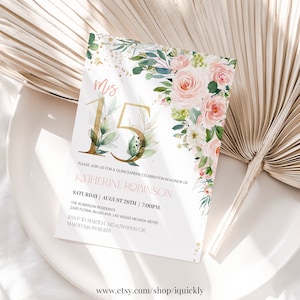Quinceanera Invitation Editable Mis 15th Birthday Invite Pink Floral Watercolor Quince Birthday Printable Template Digital Download