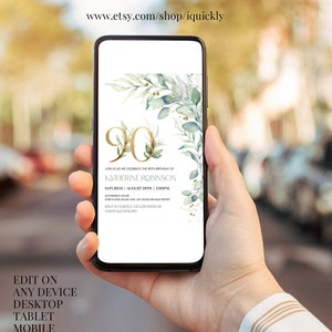 May include: A digital invitation for a 90th birthday party with a green and gold floral design. The invitation reads "Join us as we celebrate the 90th birthday of Katherine Robinson, Saturday, August 28th, 2:00 PM, Katherine's House, 2345 Plush Ave, Las Vegas, Nevada. RSVP to Maria 345-678-9000 or Maria@gmail.com"