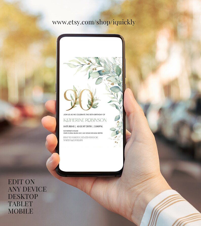 May include: A digital invitation for a 90th birthday party with a green and gold floral design. The invitation reads "Join us as we celebrate the 90th birthday of Katherine Robinson, Saturday, August 28th, 2:00 PM, Katherine's House, 2345 Plush Ave, Las Vegas, Nevada. RSVP to Maria 345-678-9000 or Maria@gmail.com"