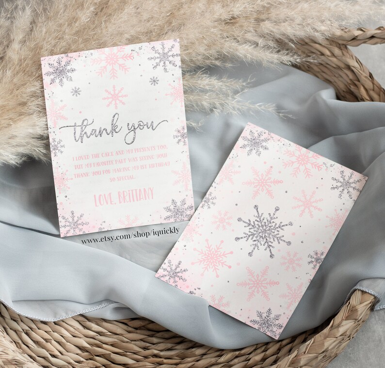 Editable Winter Onederland Thank You Card, Girl Snowflake First ...