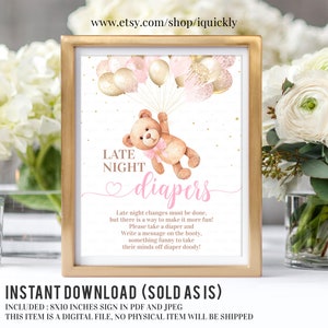 Teddy Bär Baby Shower Spiel, druckbare Late Night Windeln Baby Shower Zeichen, Ballon Baby Shower Windel Spiele Instant Download