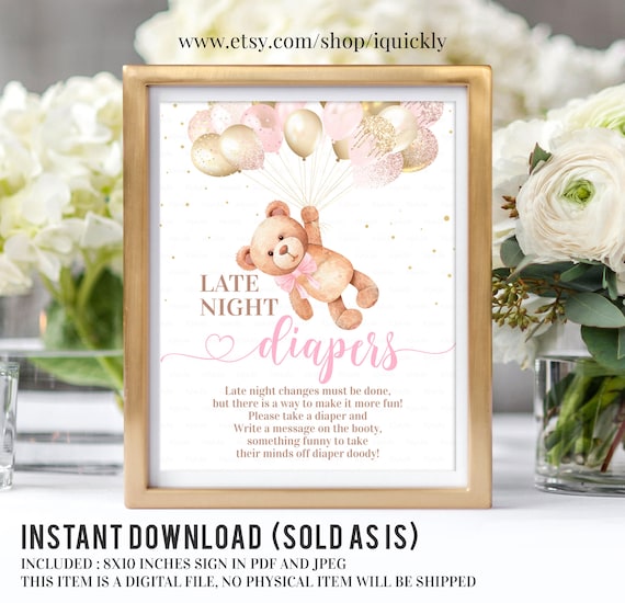 Teddy Bear Baby Shower Game, Printable Late Night Diapers Baby Shower