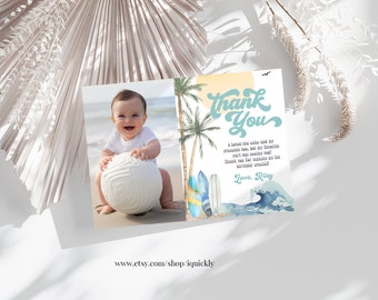 The Big One Surfs up Thank you card Editable Surf invite Surfboard Surfer Beach Surfboard Birthday Printable template Digital