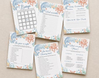 Babyshower-spel med havsmotiv, redigerbar Canva-mall för kusthavssnäckor och snäckskal.