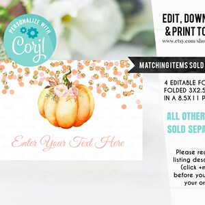 May include: Editable food label template featuring a watercolor pumpkin with floral accents and peach and gold confetti. The label is folded to 3 by 2.5 inches and is designed to fit on an 8.5 by 11 inch page. The text "Enter Your Text Here" is included on the label.