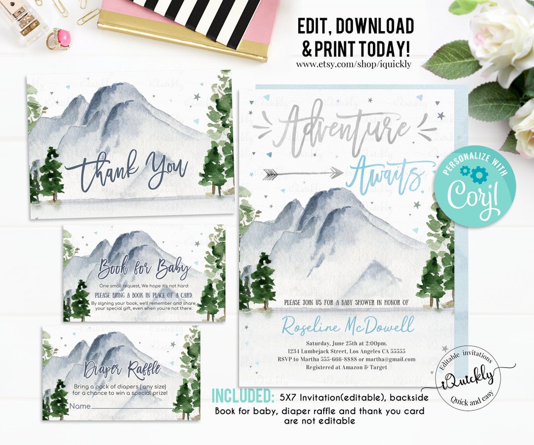 EDITABLE Mountain Baby Shower Invitation Set, Adventure Awaits Package ...