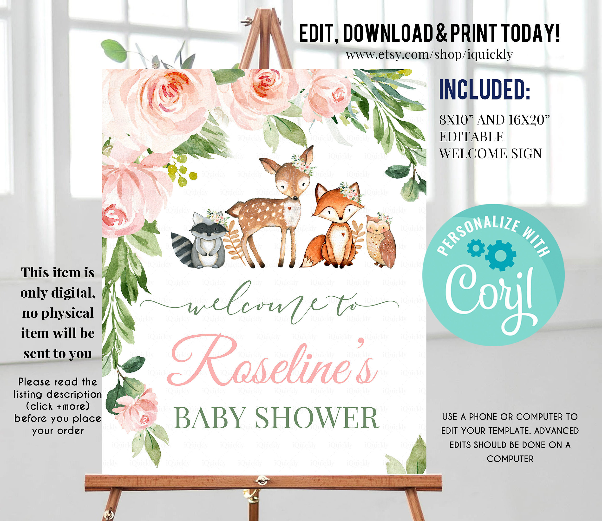 Girl Woodland Baby Shower Welcome Sign, Personalized Baby