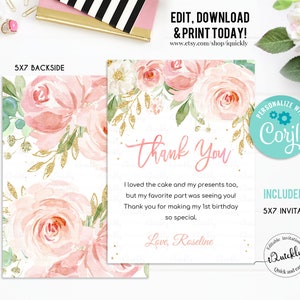 EDITABLE Blush Pink Floral Thank You Card, First Birthday Note Card ...