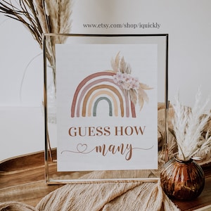 Boho Rainbow Adivinhe quantos sinais, jogos de chá de bebê com grama dos pampas, quantos estão na jarra Sinal de mesa de jogo para impressão Download instantâneo RAI001