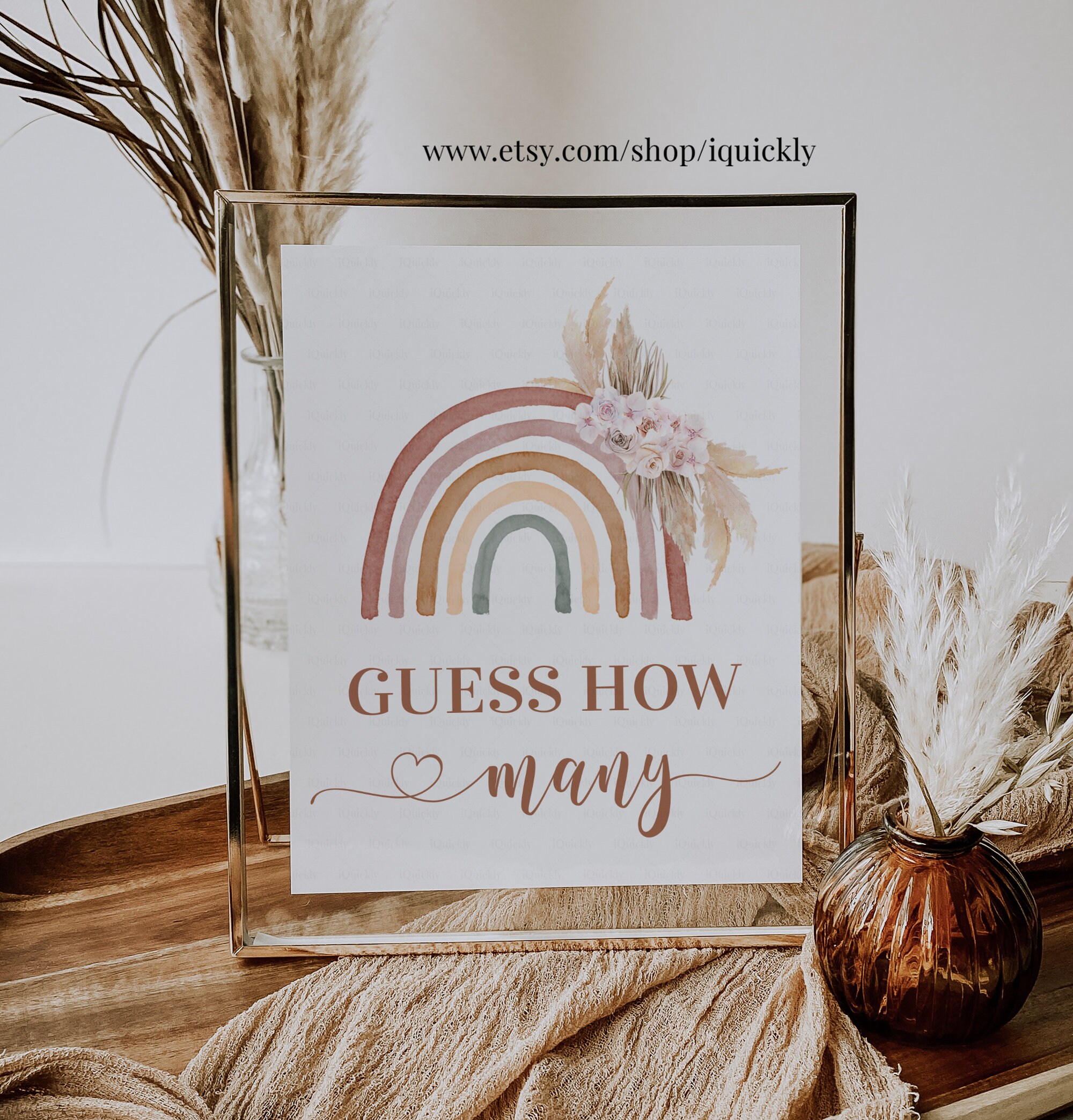 How Many Sign Visual Boho Rainbow Guess How Many Sign, Pampas Grass Baby Shower Games,how ...