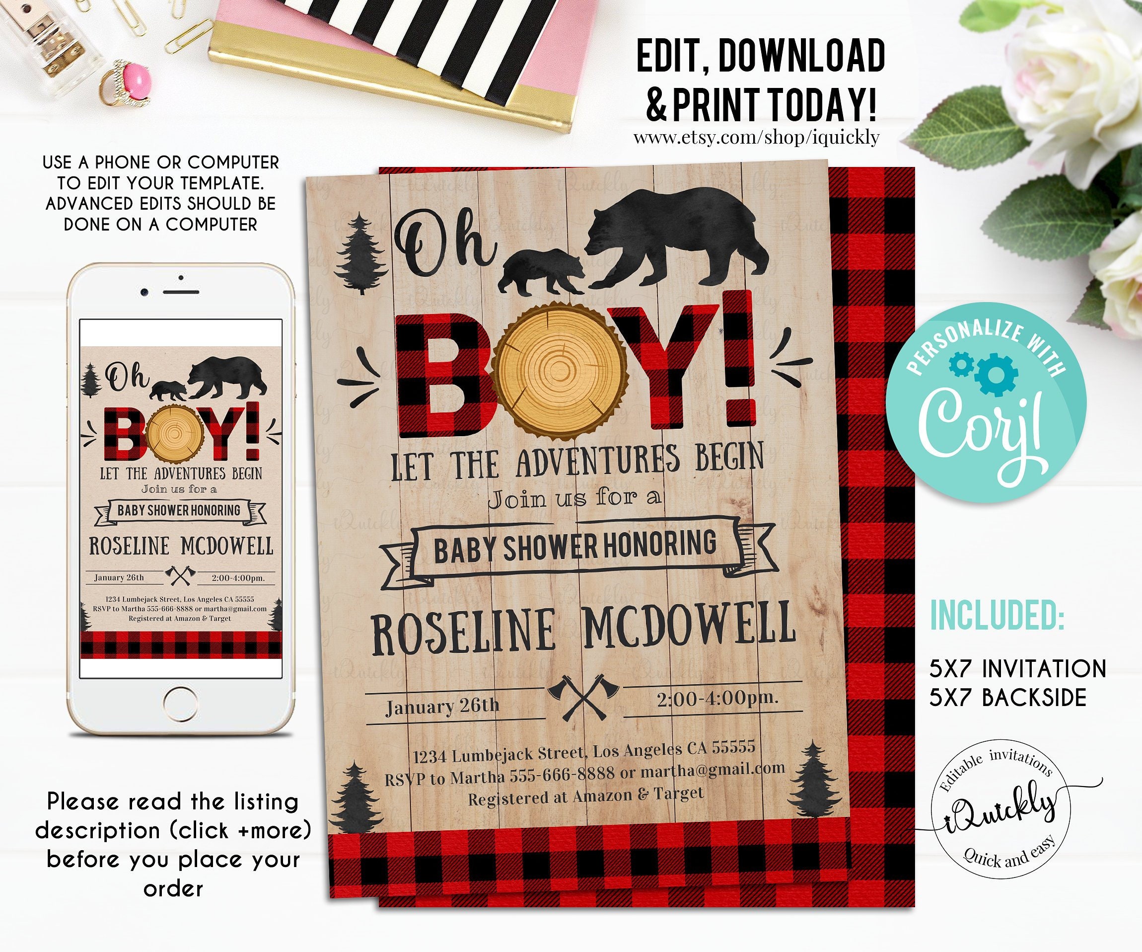 Lumberjack Baby Shower Invitation Editable Buffalo Plaid - Etsy