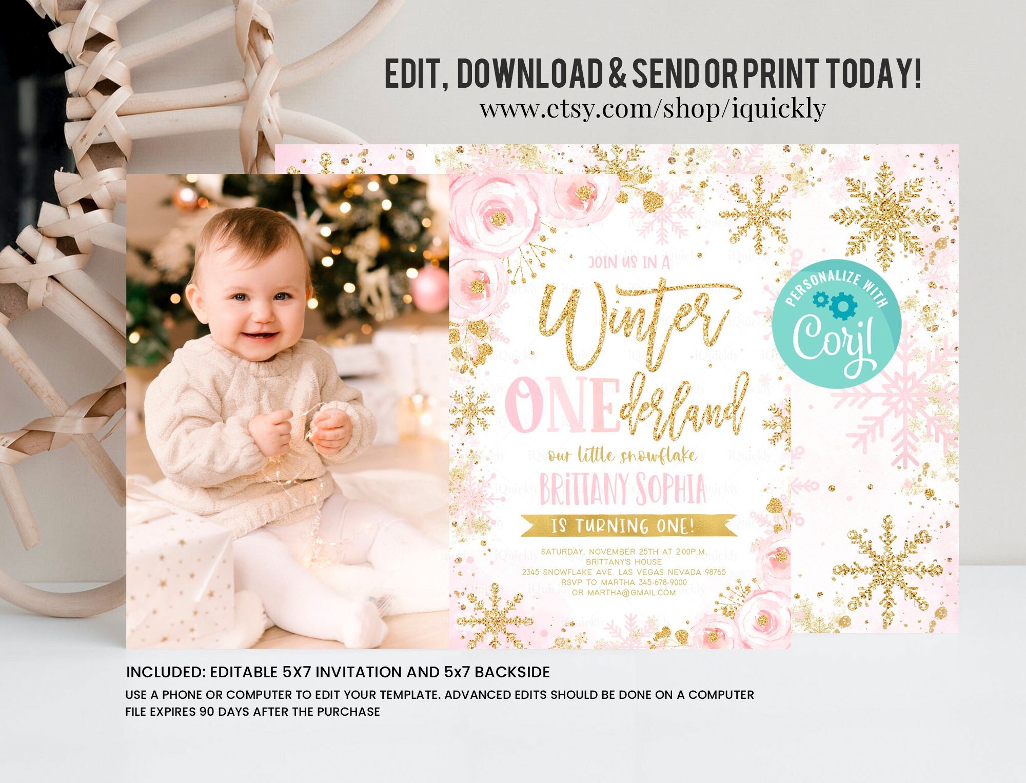 Editable Winter onederland Invitation Pink Gold Girl First birthday Snowflake Invite Floral Winter onederland Party Instant Download Corjl