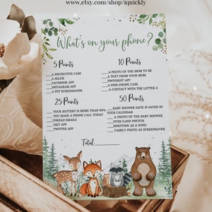 Woodland Baby Shower Games Whats on your phone Gender Neutral Woodland creatures animals Theme Template Instant download