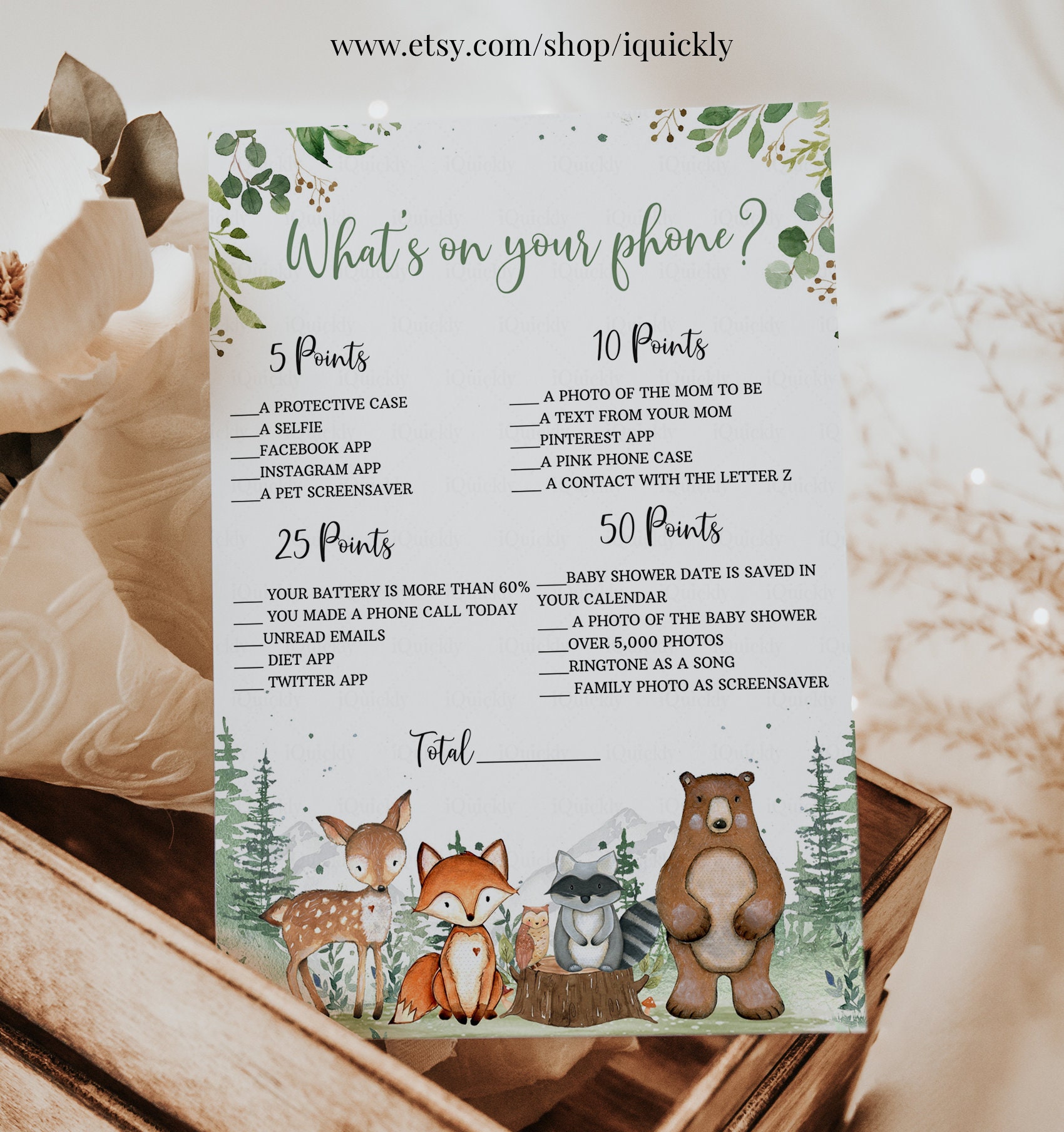 Woodland Baby Shower Games Whats on your phone Gender Neutral Woodland creatures animals Theme Template Instant download
