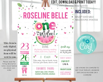 Könnte beinhalten: Ein rosa-grüner druckbarer Meilenstein-Poster für den ersten Geburtstag eines Babys. Der Poster zeigt eine Wassermelone mit dem Text "One in a Melon!" und enthält Details wie das Alter, das Gewicht, die Größe und die Lieblingsessen des Babys. Der Poster ist personalisiert mit dem Namen "Roseline Belle" und dem Text "Personalisieren mit Coril".