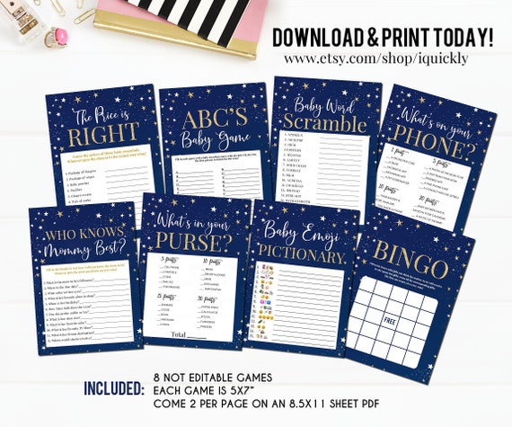 Twinkle twinkle little Star Baby Shower Games, Gender Neutral Baby Shower Game Bundle, Navy and Gold, Moon and Star Instant Download Digital Il_570xn