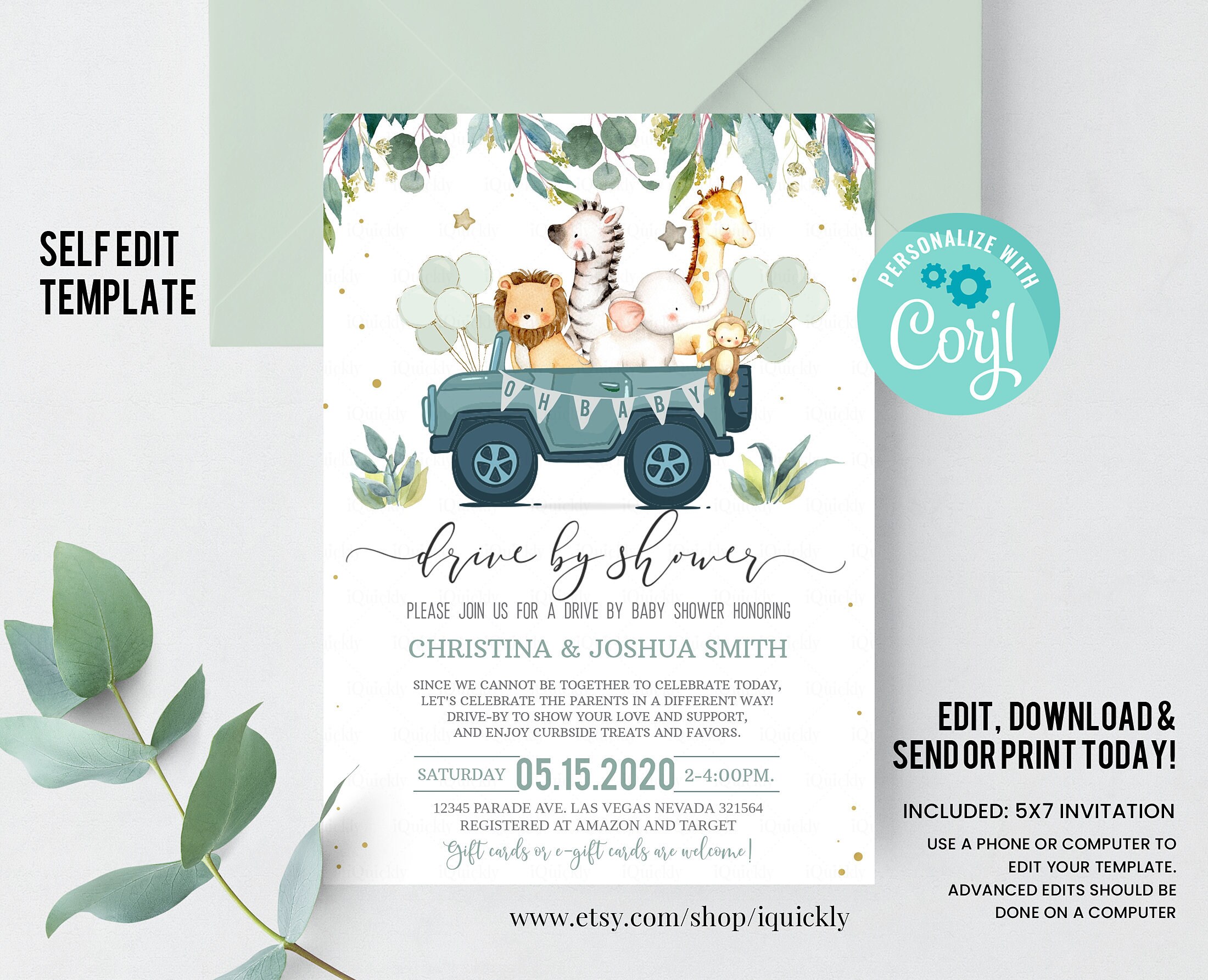 Editable Drive By Baby Shower Invitation Safari Animal Drive Etsy