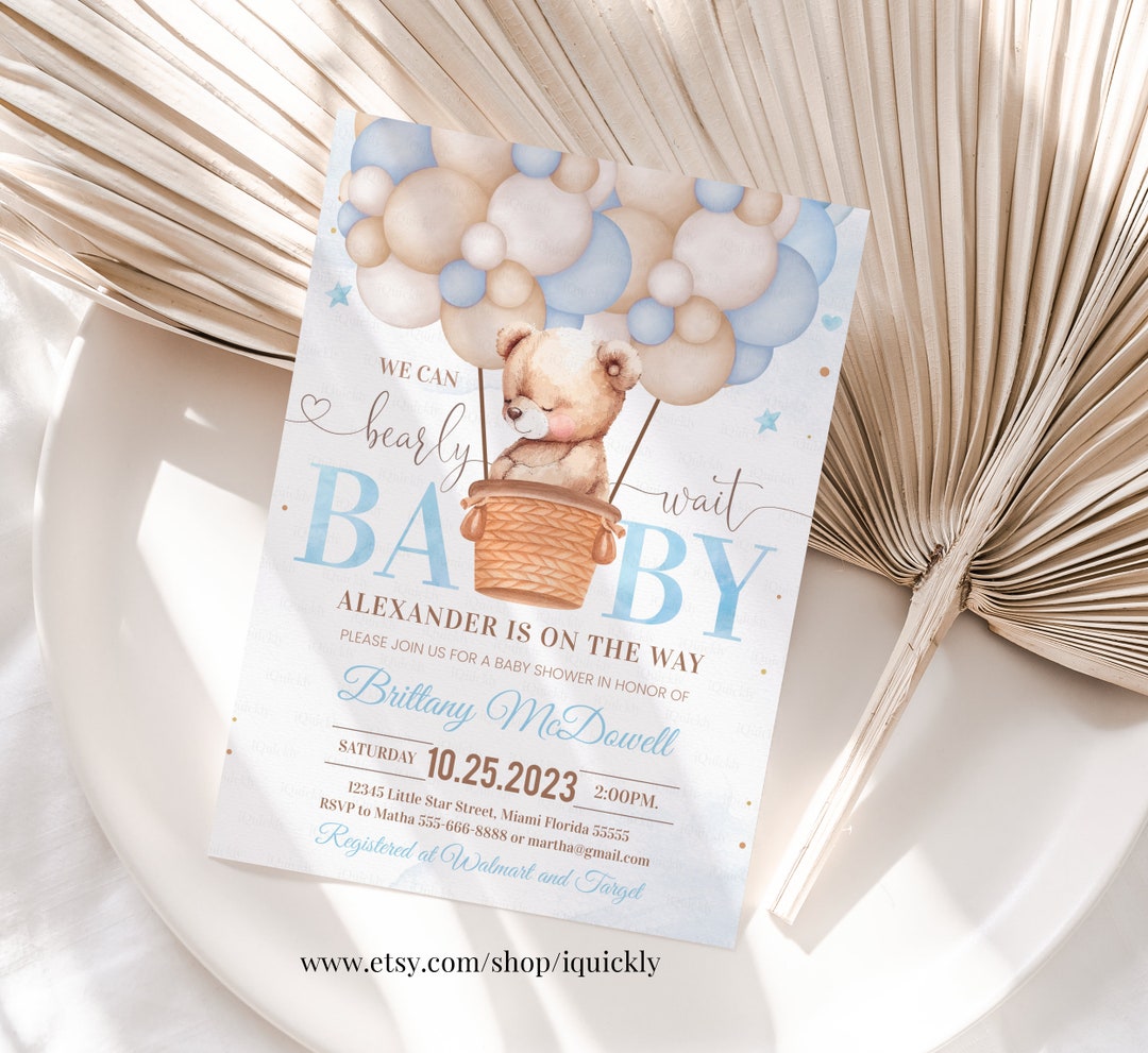 Editable We Can Bearly Wait Baby Shower Invitation Teddy Bear Hot Air ...